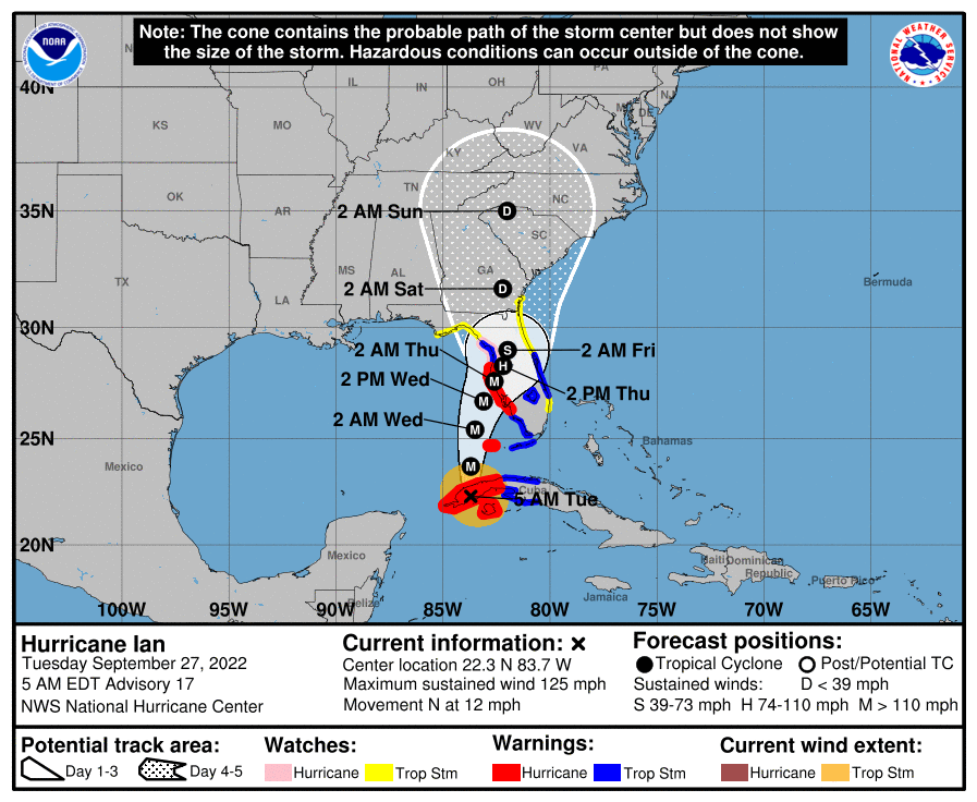 National Hurricane Center's projected storm path map for Hurricane Ian, showing the storm potentially striking anywhere between Central West Florida to Northern Florida and the Florida panhandle.