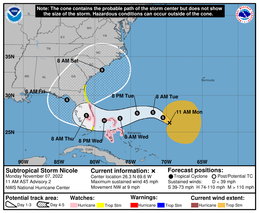 A graphic displaying the possible track of the storm