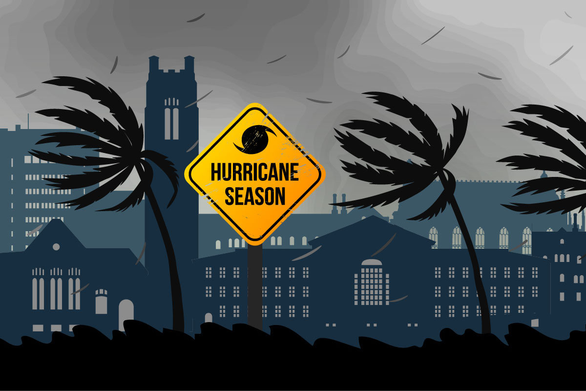 A graphic depicts trees being blown by wind with a sign that states "hurricane season."
