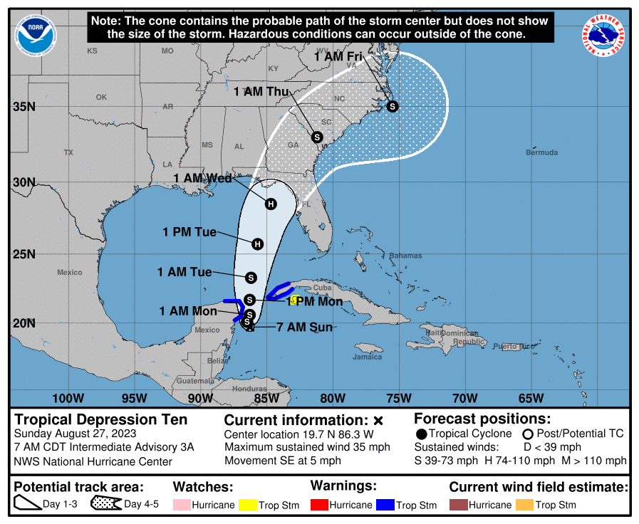 Tropical Depression Ten's probable path.