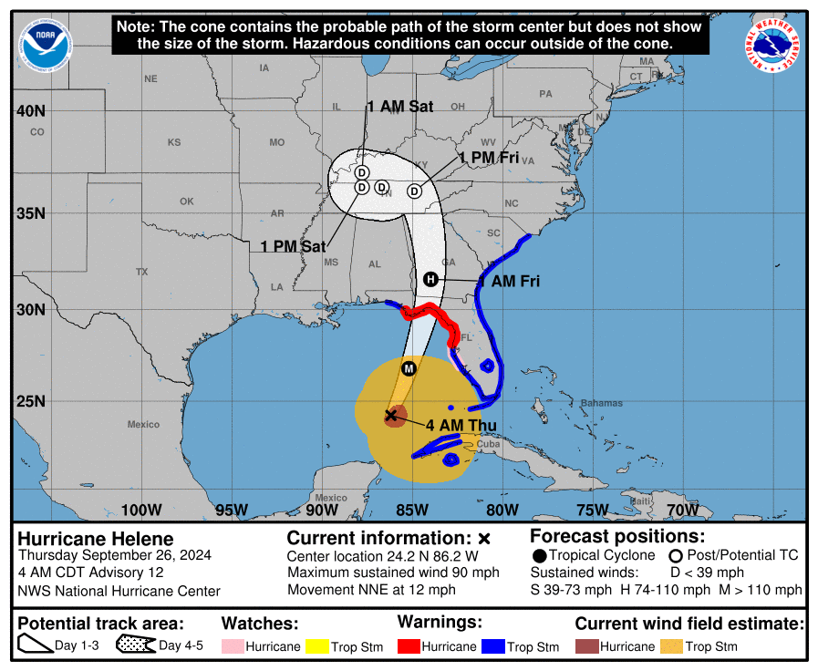 A map of Tropical Storm Helene's probable path.