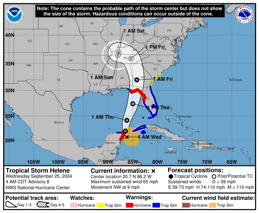 A map of Tropical Storm Helene's probable path.