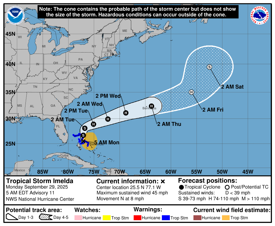 A graphic shows the likely path of a tropical storm.